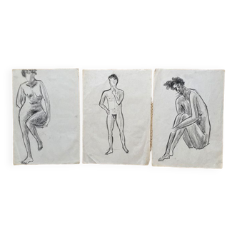 Set of three drawings study of nudes 1920