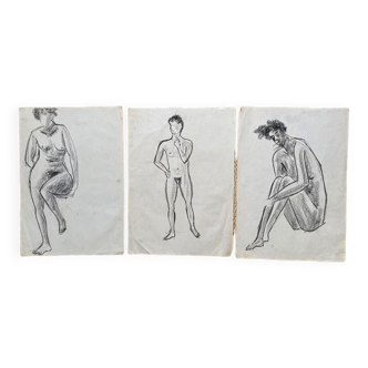 Lot de trois dessin étude de nus 1920