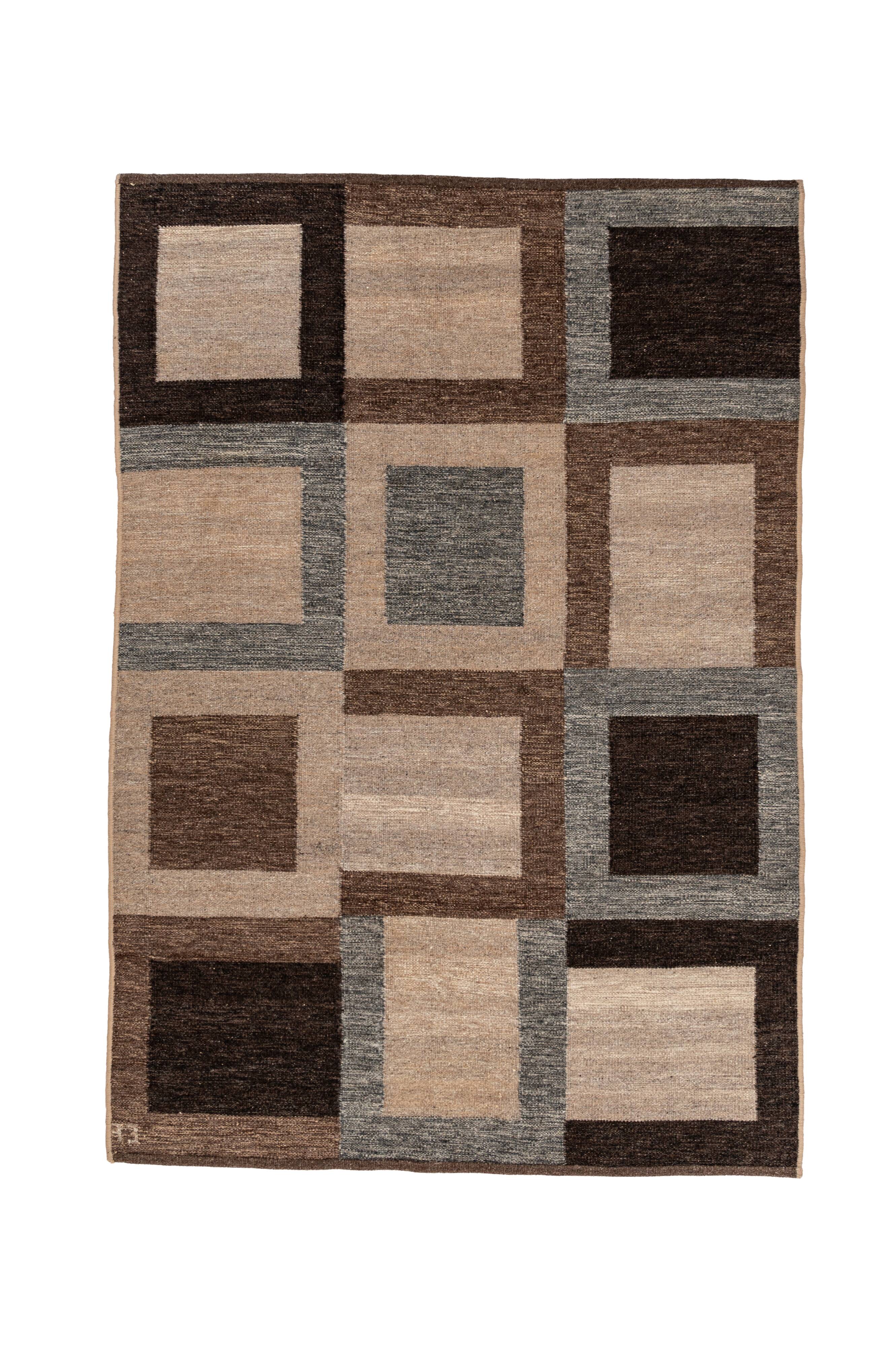 Scandinavian post modern flat weave rug by Curt Fors, signed.