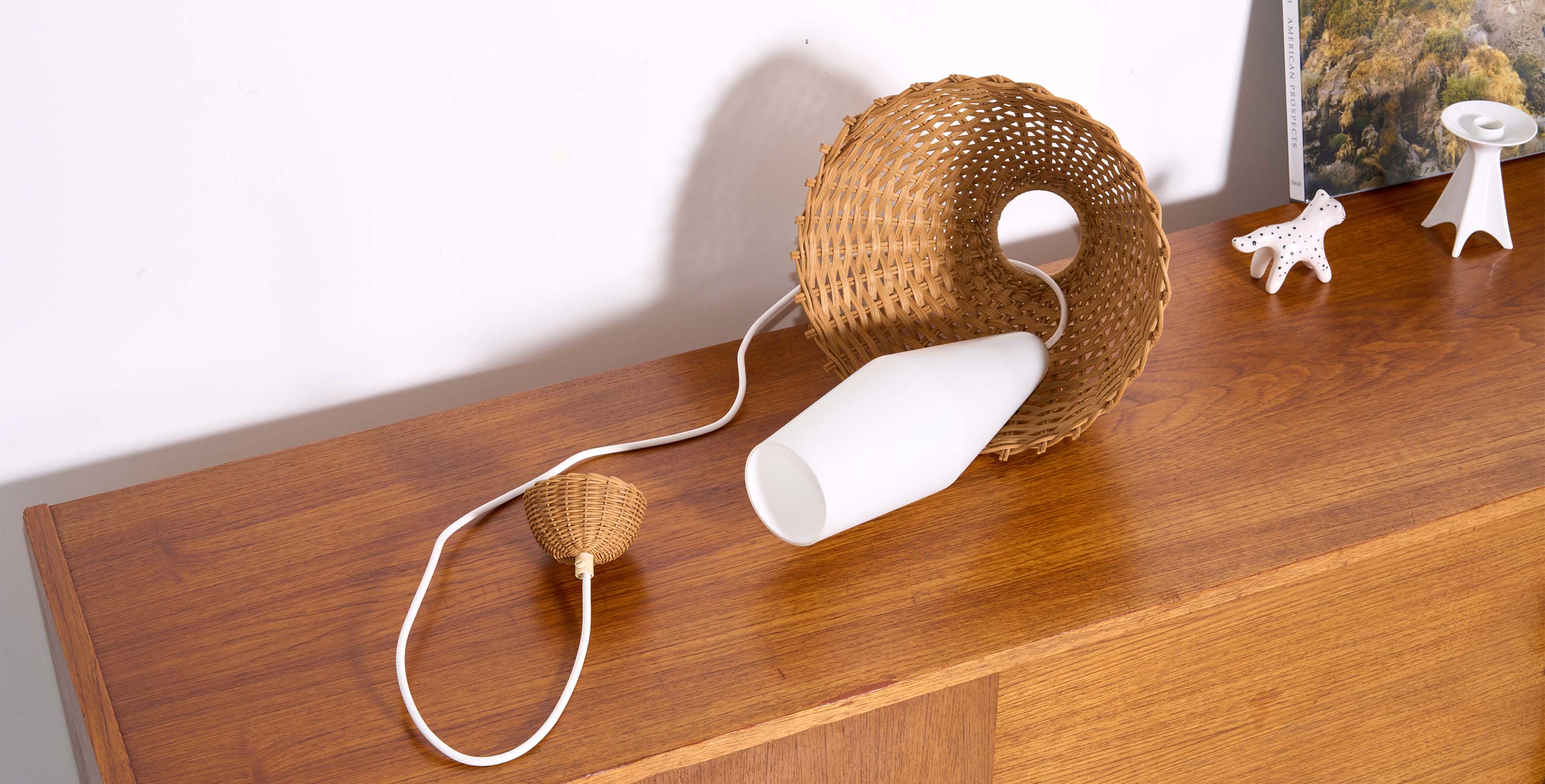 Vintage pendant light, glass & rattan
