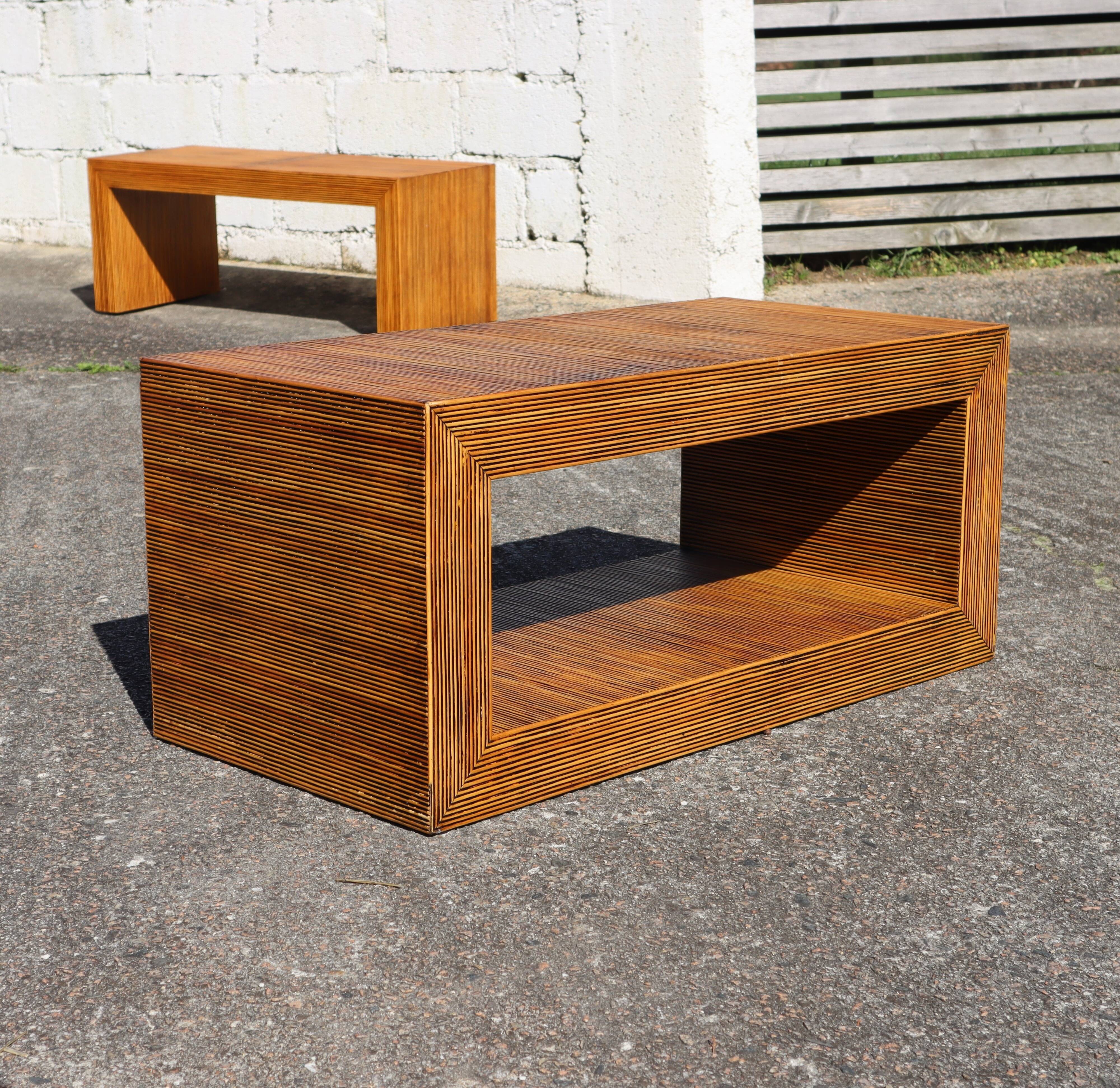 Set French Vintage Rattan Coffee Tables-2 Cuboid Deck Tables-80s