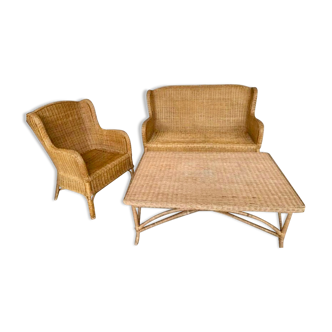 Set sofa armchair coffee table in vintage rattan
