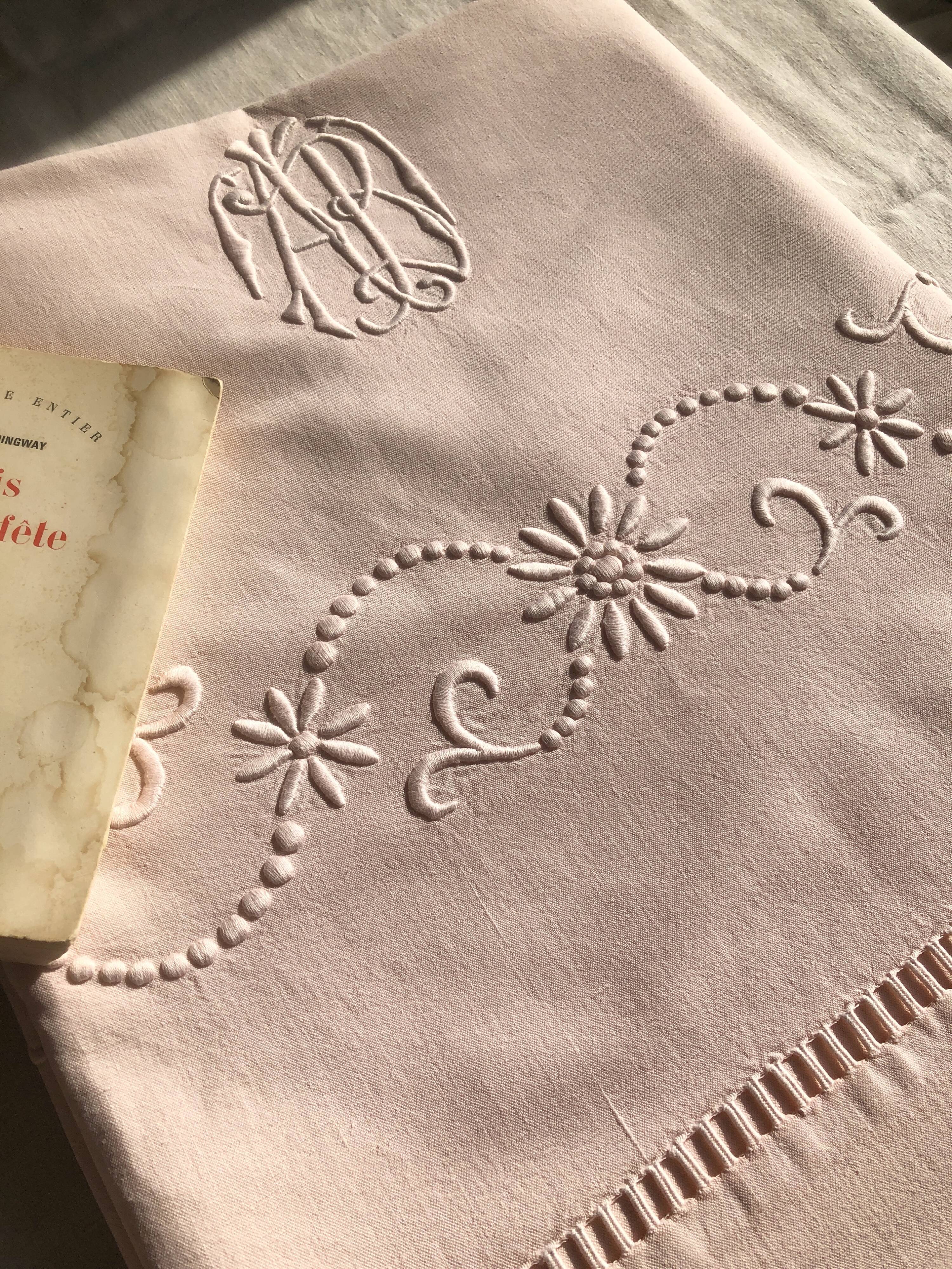 Old linen and cotton sheet dyed in baby pink