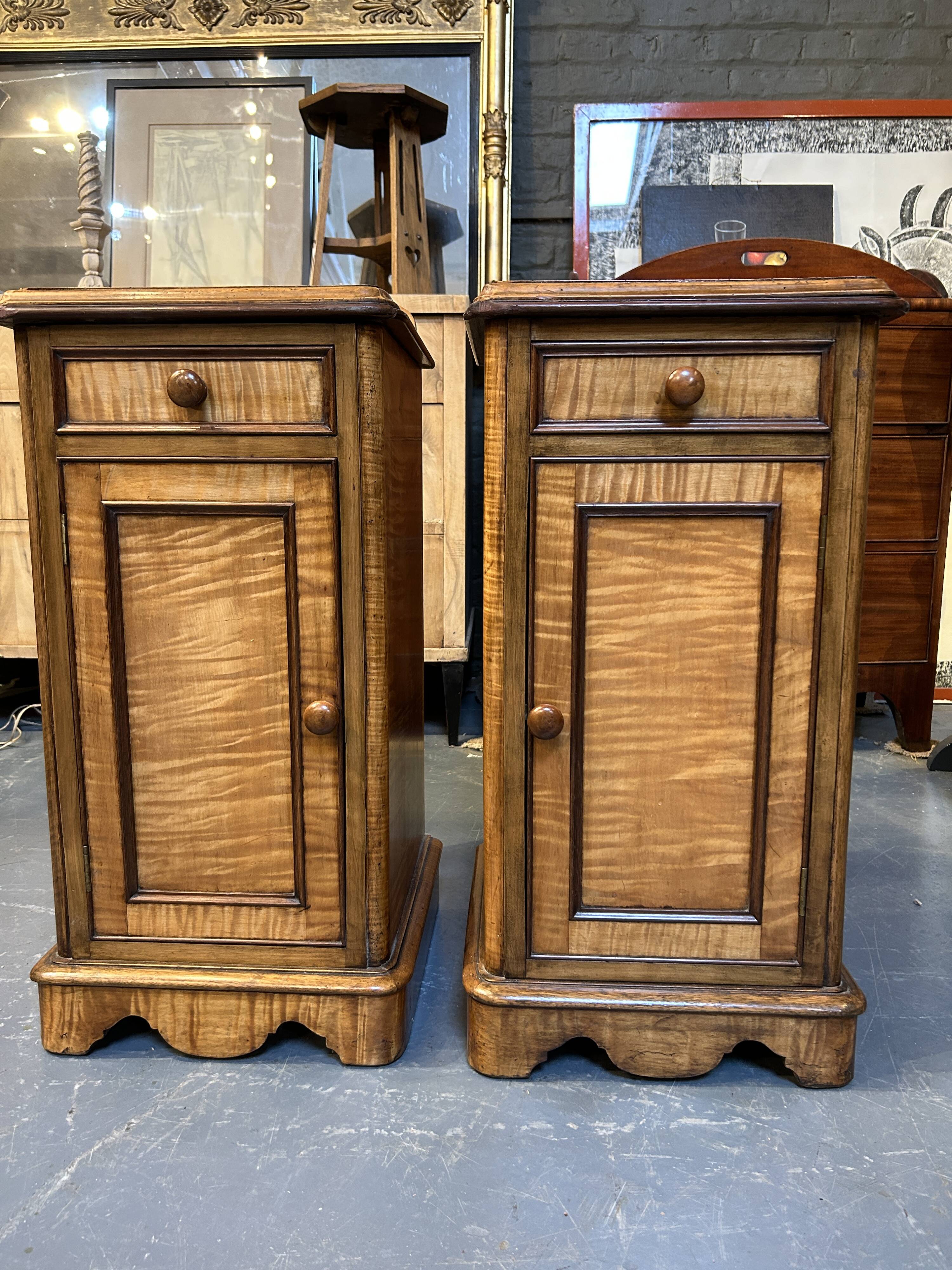 Pair Victorian satinwood bedside cabinets
