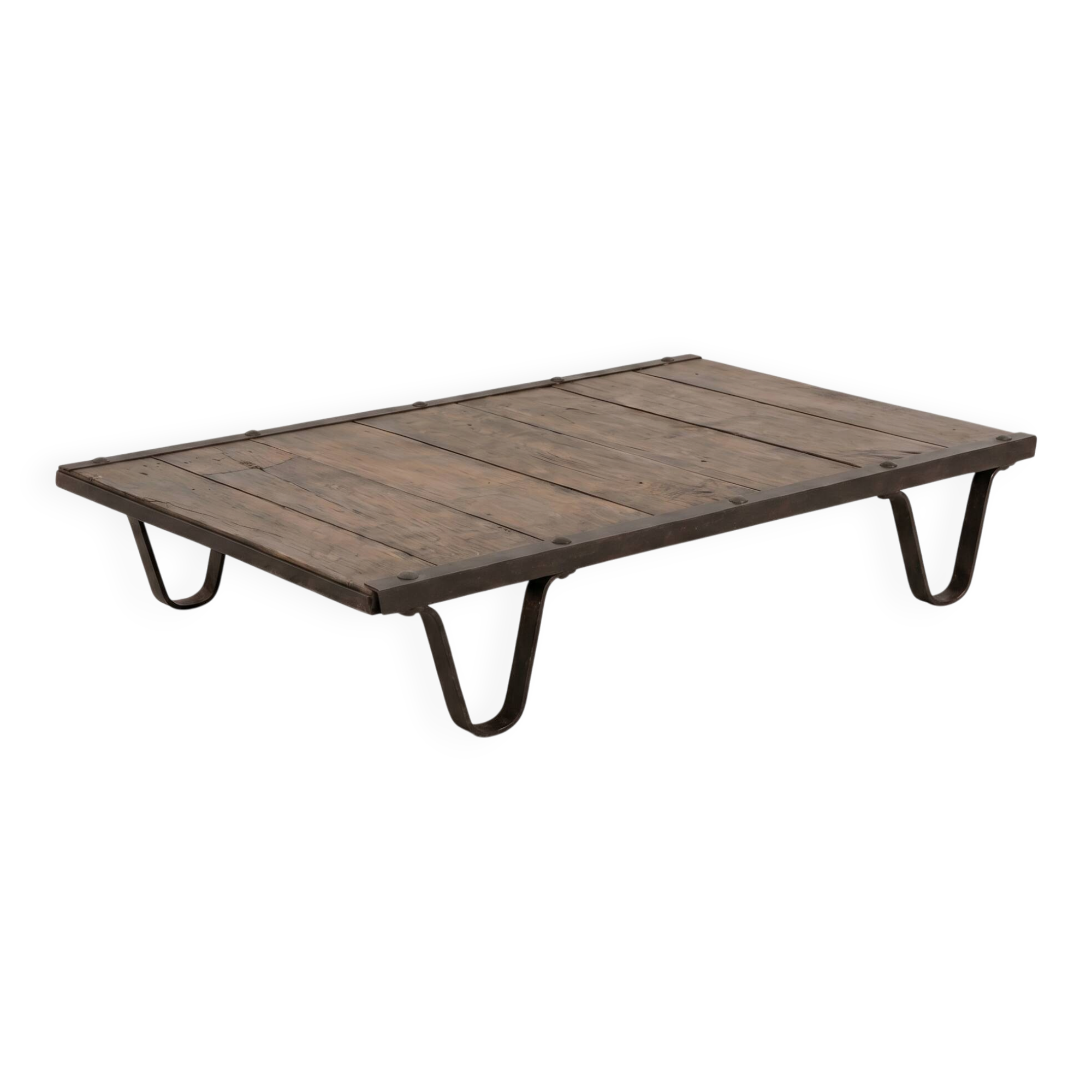 Industrial coffee table made of solid wood and old railway tracks.