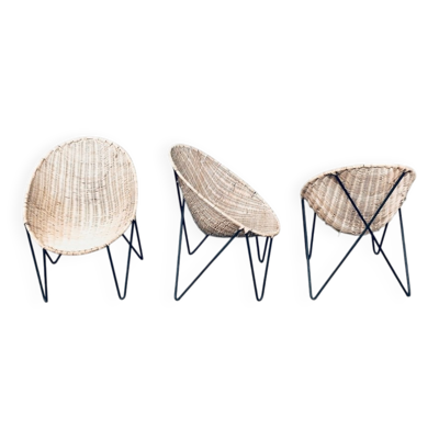 Mid-Century Modern Design Egg Basket Wicker Chairs, Italy, 1950s, Set of 3