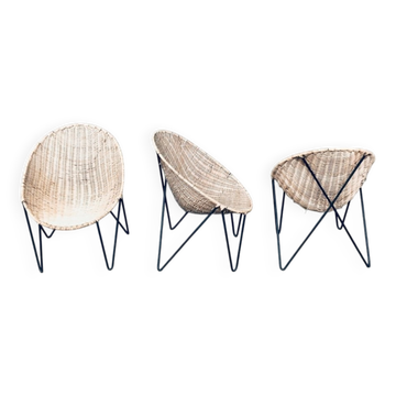 Mid-Century Modern Design Egg Basket Wicker Chairs, Italy, 1950s, Set of 3