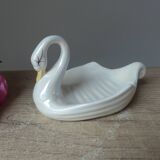 Soap holder or swan trinket in vintage iridescent white ceramic, swan sponge holder, jewelry holder