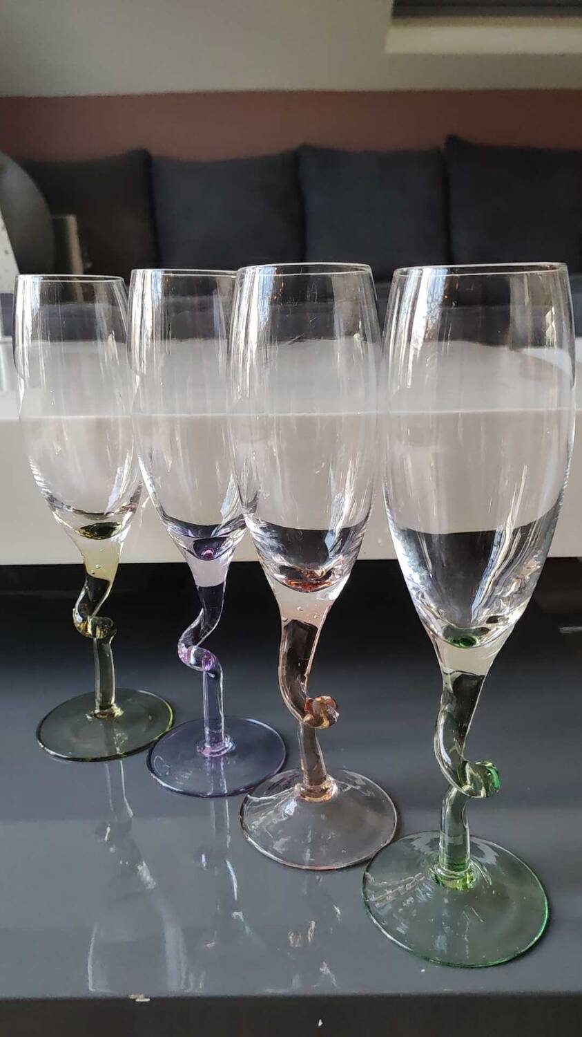 Lot 4 Large Champagne Flutes/Twisted design foot, colorful. High 22.5 cm