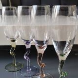 Lot 4 Large Champagne Flutes/Twisted design foot, colorful. High 22.5 cm