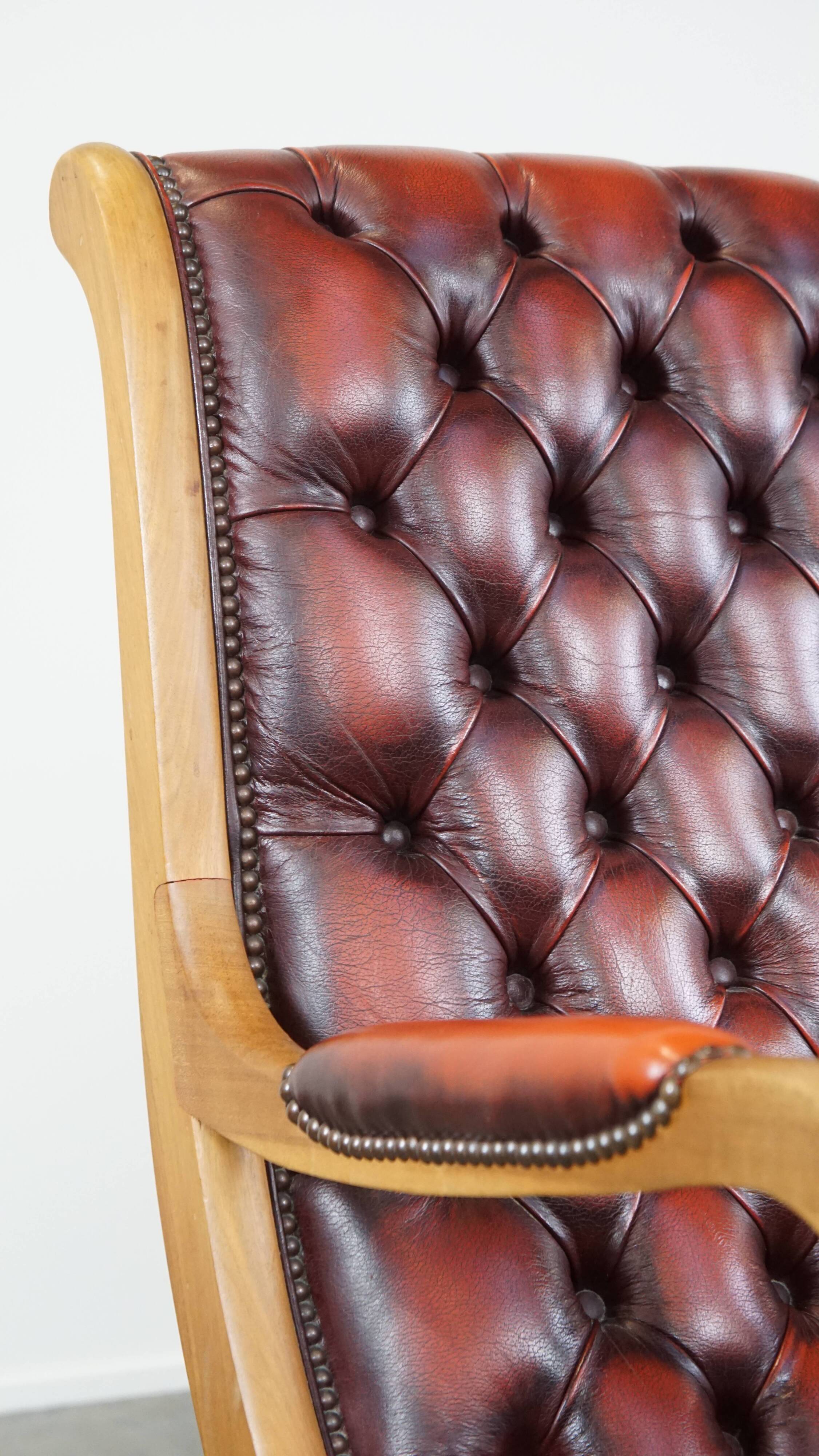 Red flame-grained English cow leather chesterfield armchair