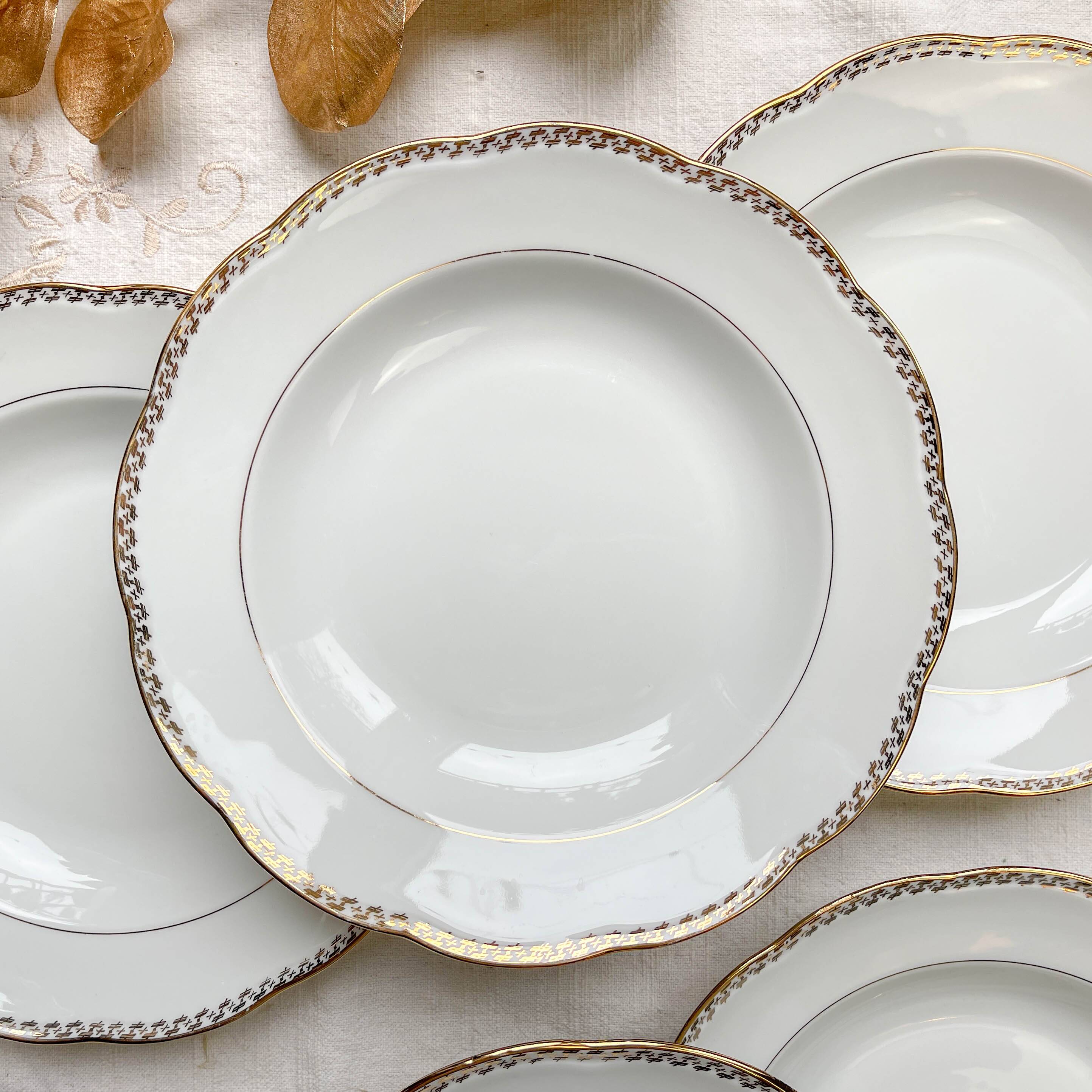 6 Vintage French white and gold porcelain soup plates SPF –