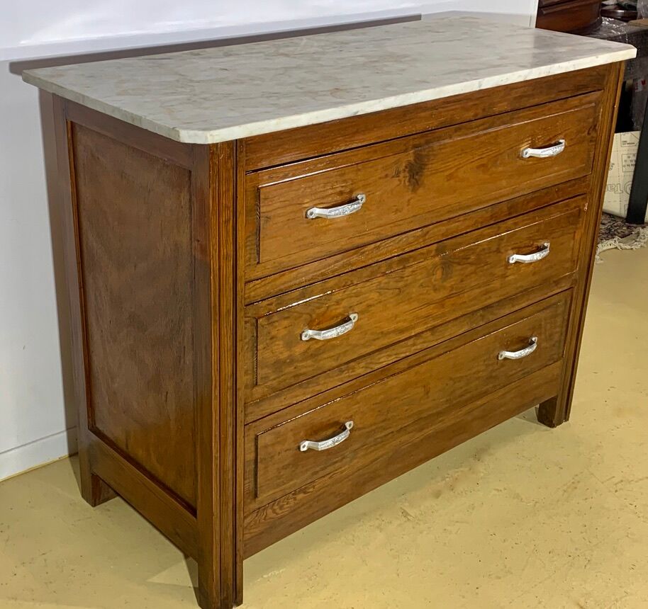 Commode style Art Déco, 3 tiroirs, marbre blanc