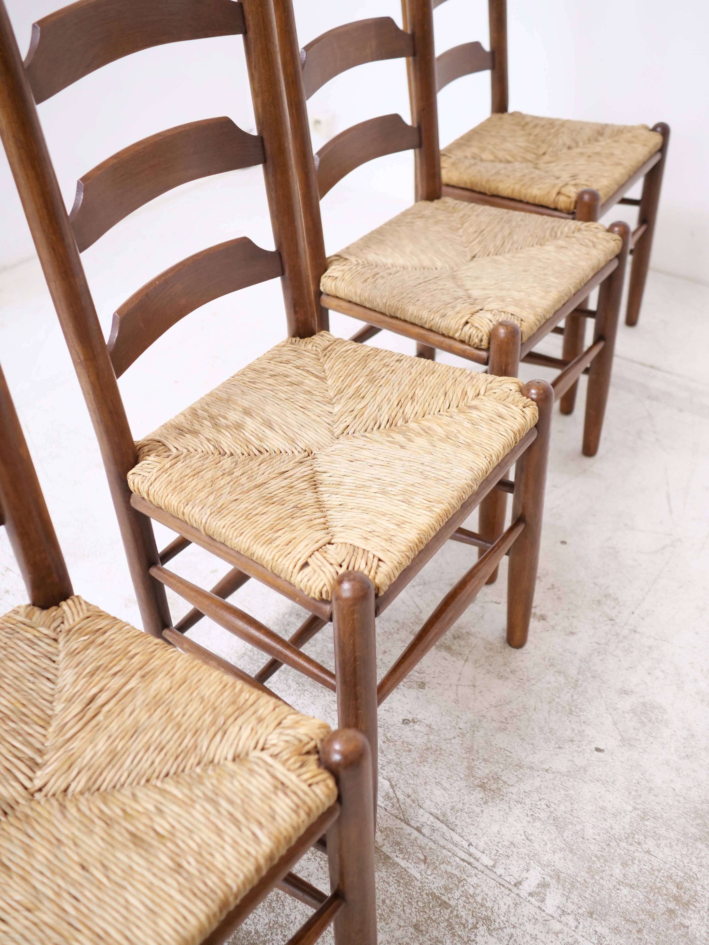 Architectural high-back chairs, straw seat, set of 4.