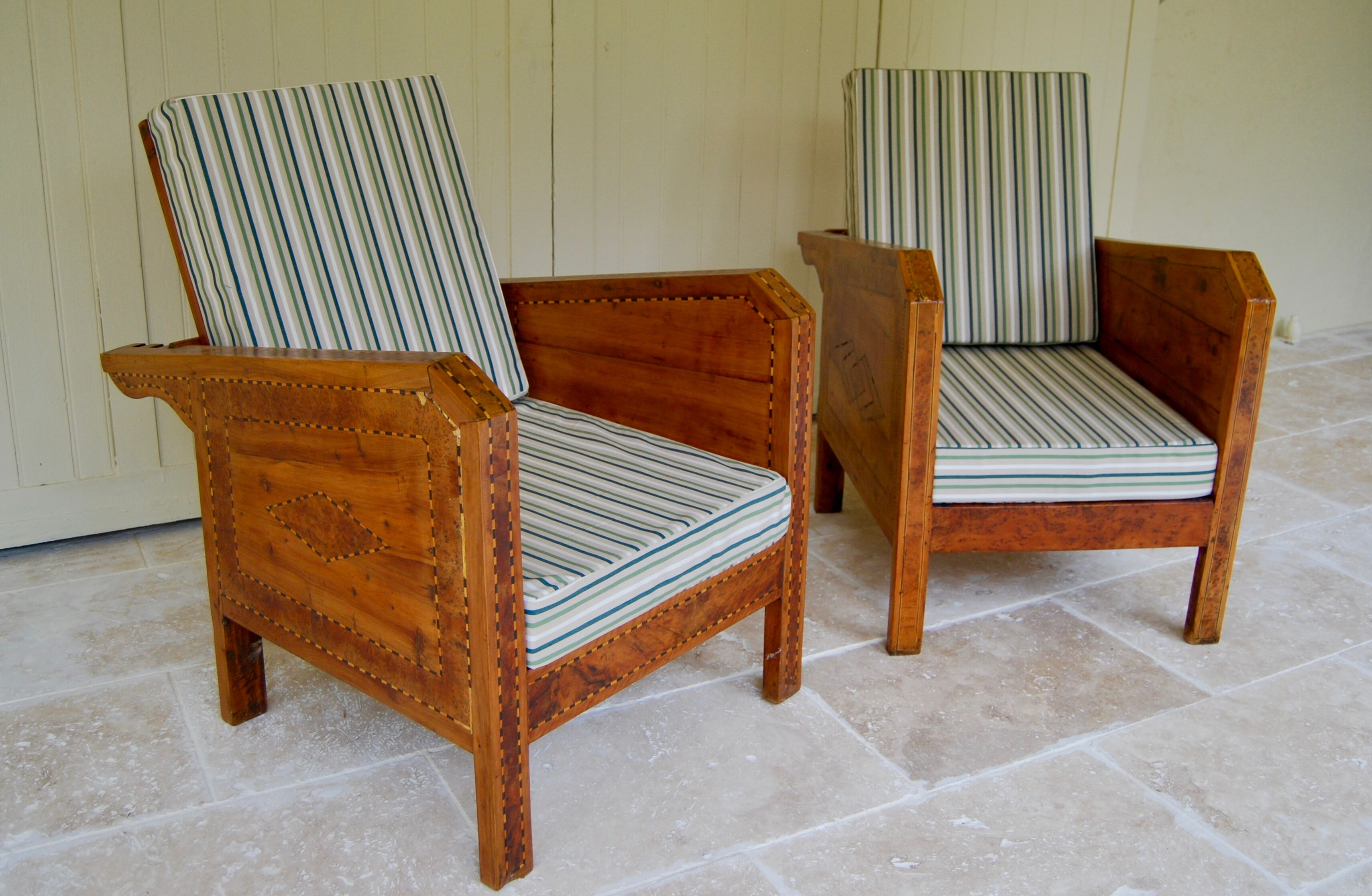 Vintage wooden veranda armchairs with inlaid marquetry 1930s