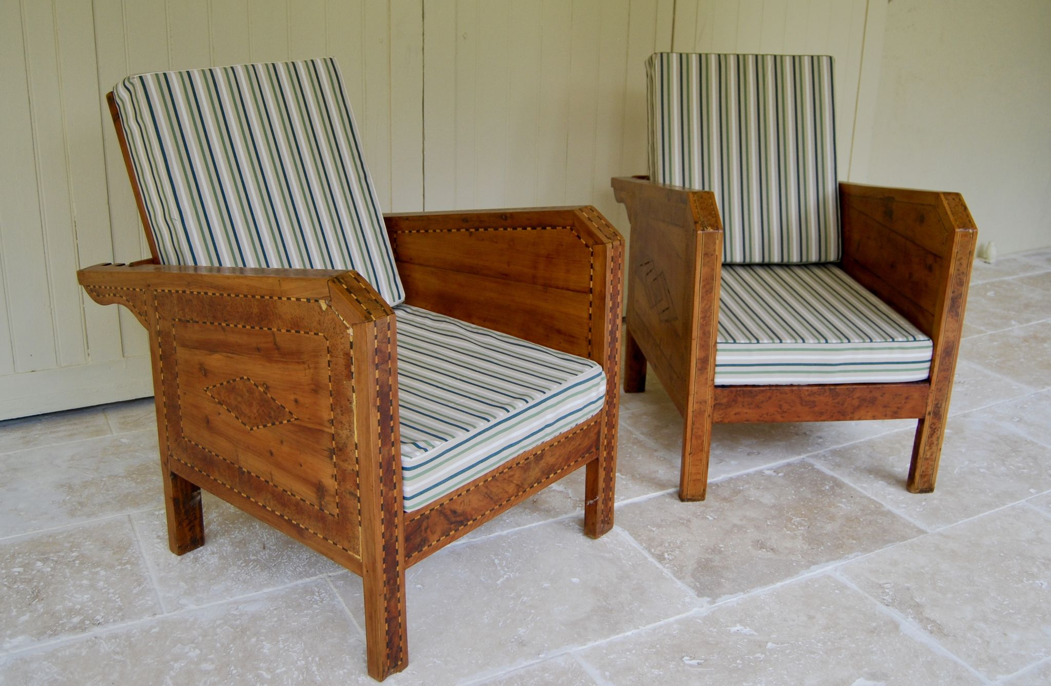 Fauteuils de véranda vintage en bois avec marqueterie incrustée 1930s