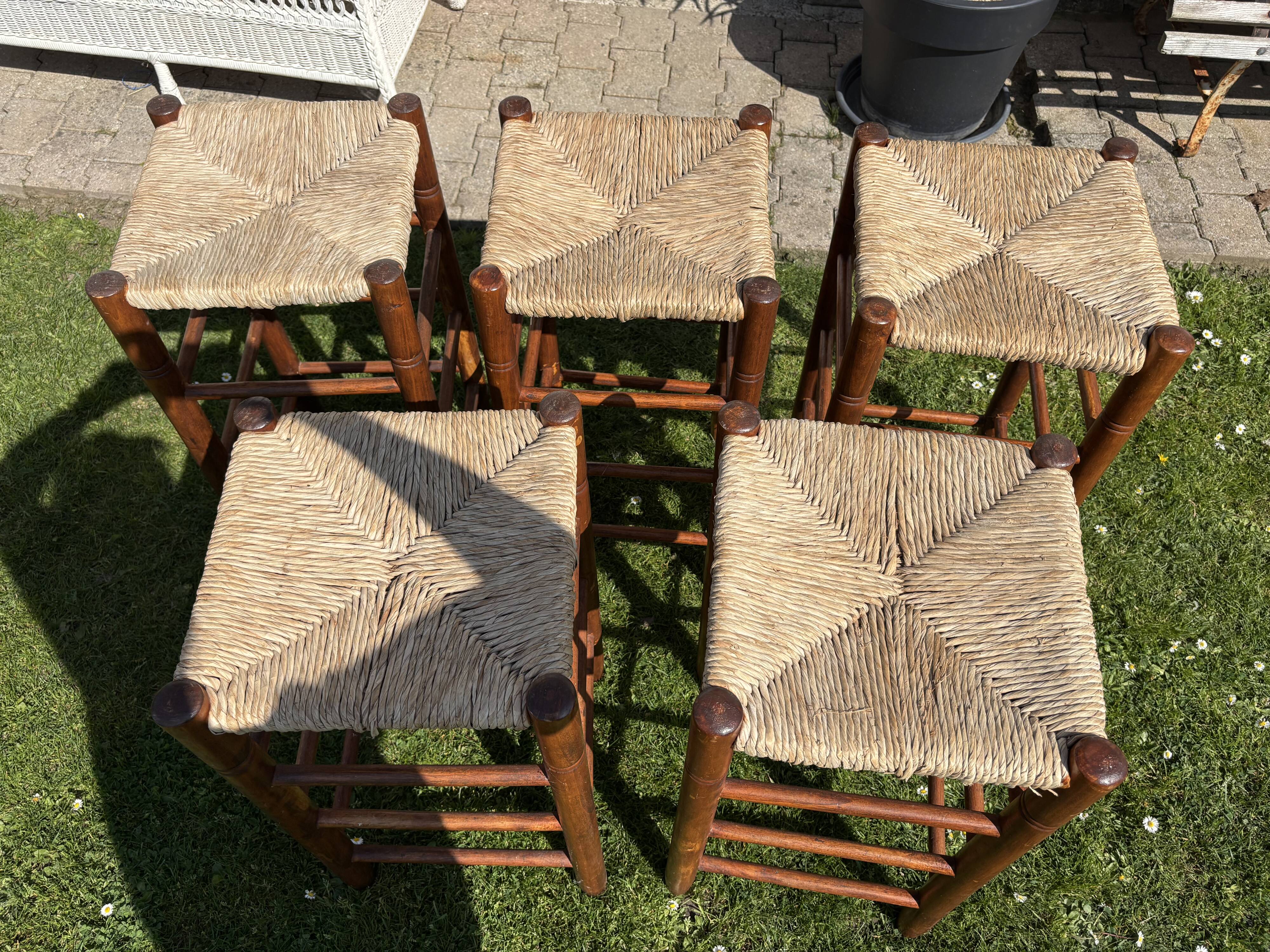 5 Charlotte Perriand-style wooden and straw bar stools