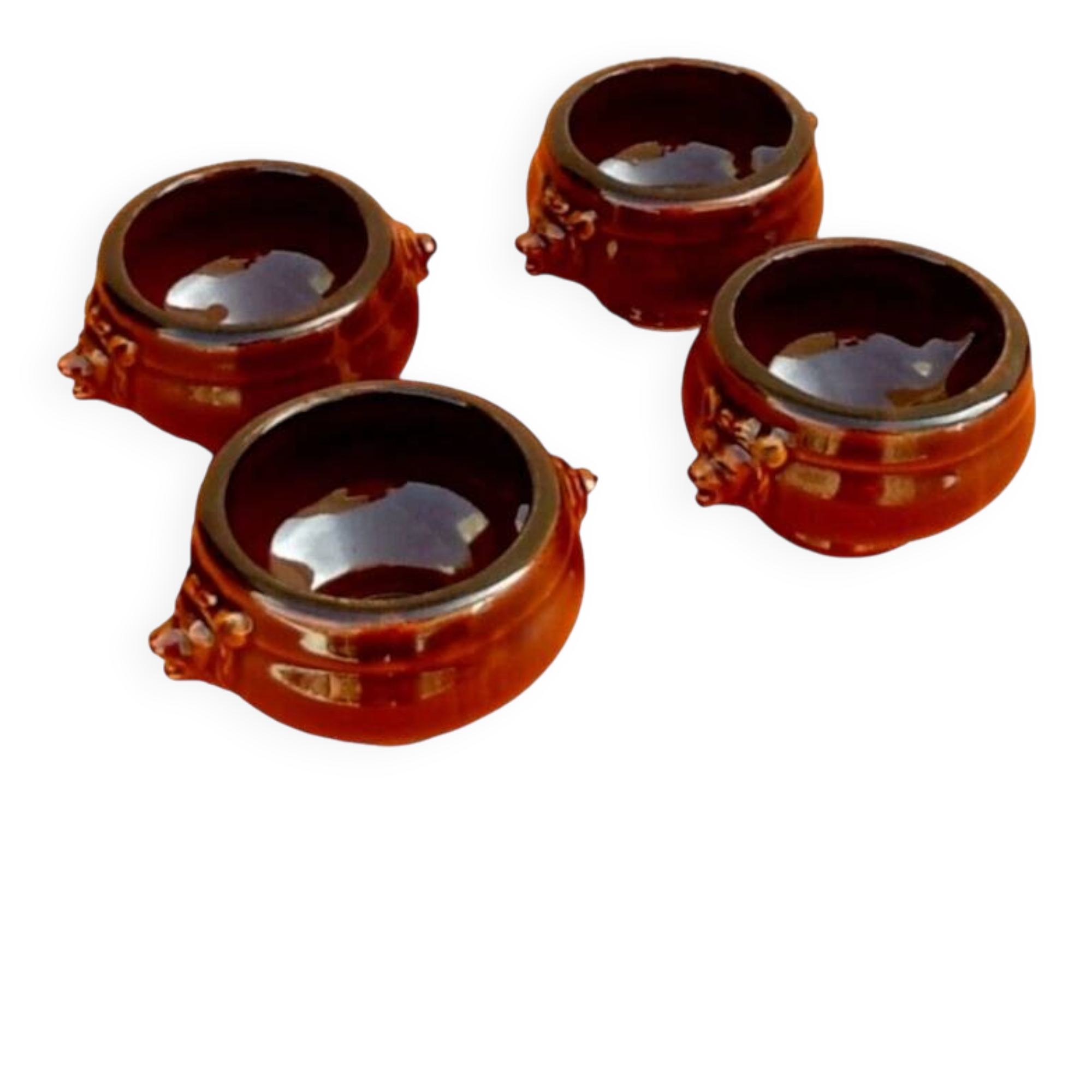 4 onion soup bowls, glazed ceramic, "lion head" decoration.