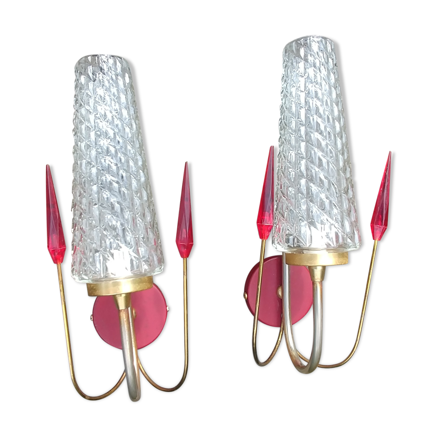 Pair of wall lights Vintage 1950s/60s glass/brass/red flames plastic