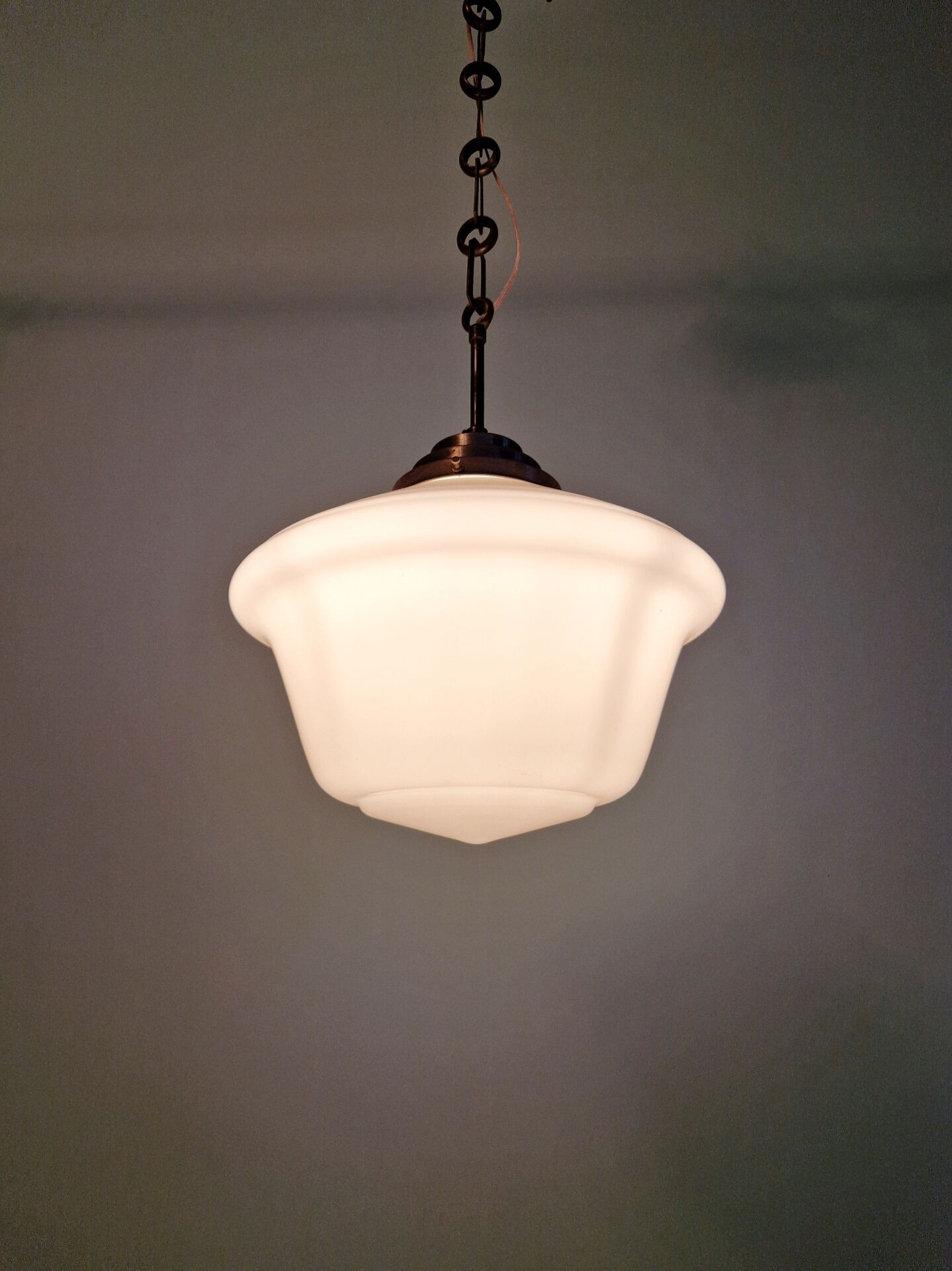 Large Art Deco pendant light in white opaline, 1930.