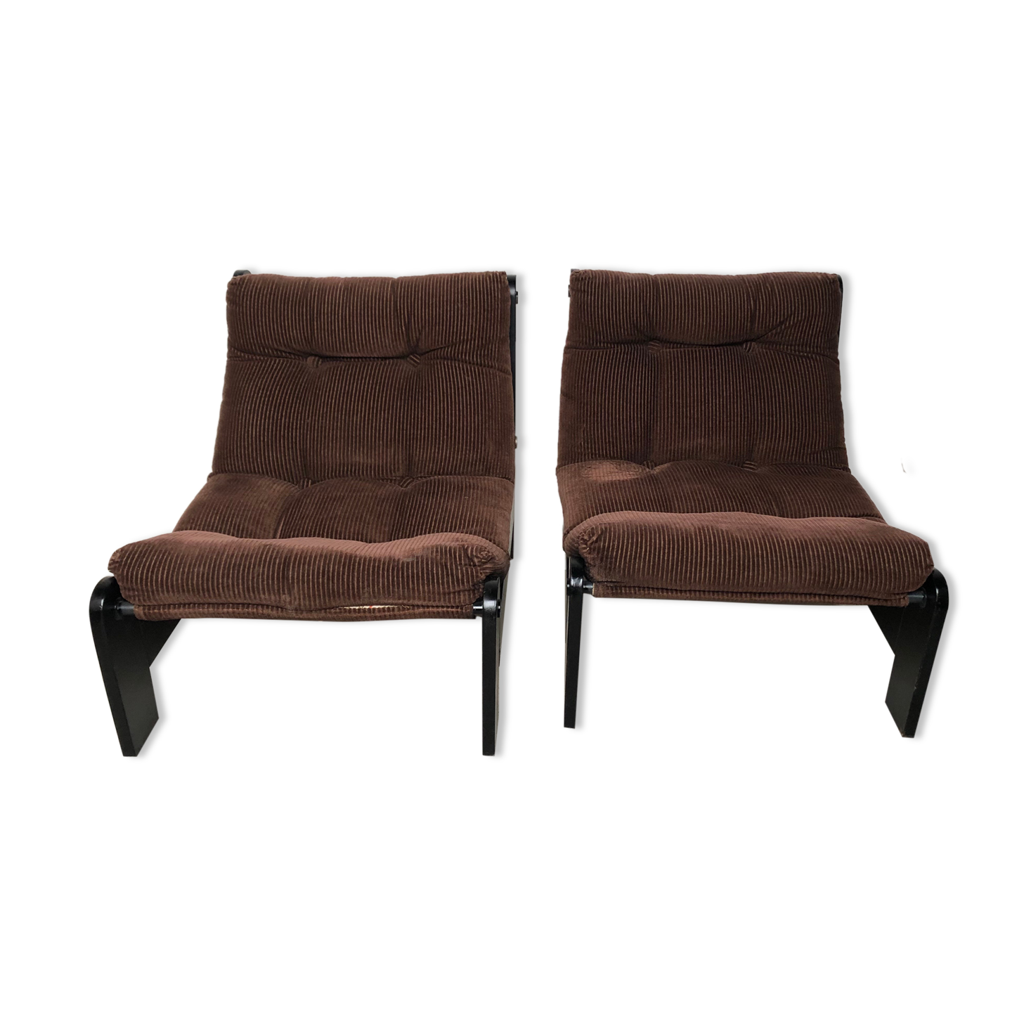 Modernist armchairs wood heaters and brown velvet vintage 70s