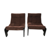 Modernist armchairs wood heaters and brown velvet vintage 70s