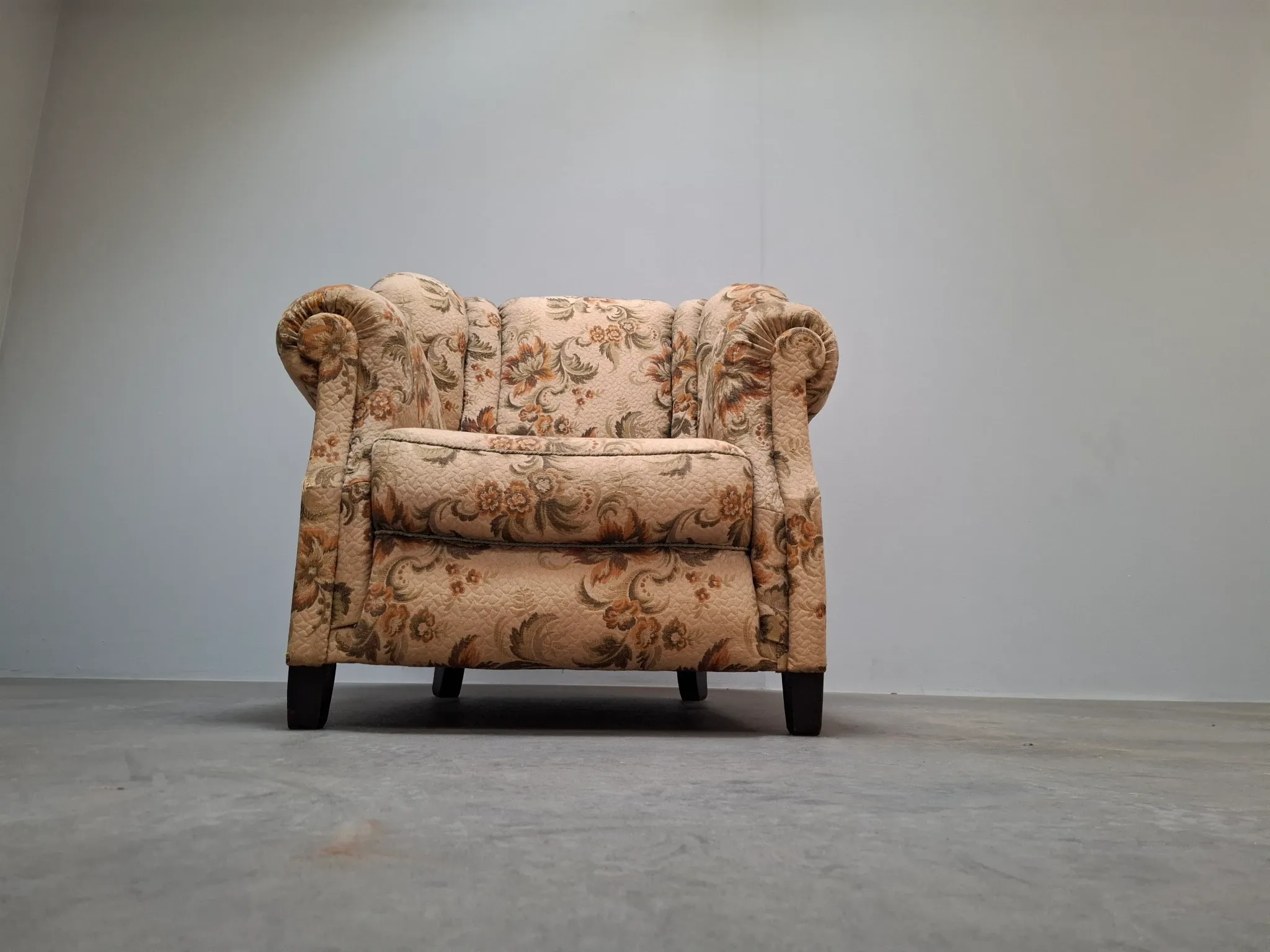 1930s Czech Art Deco Floral Upholstered Wingback Armchair