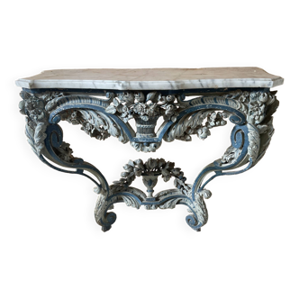 Beautiful Louis XV style wall console in carved wood. White marble. Napoleon III
