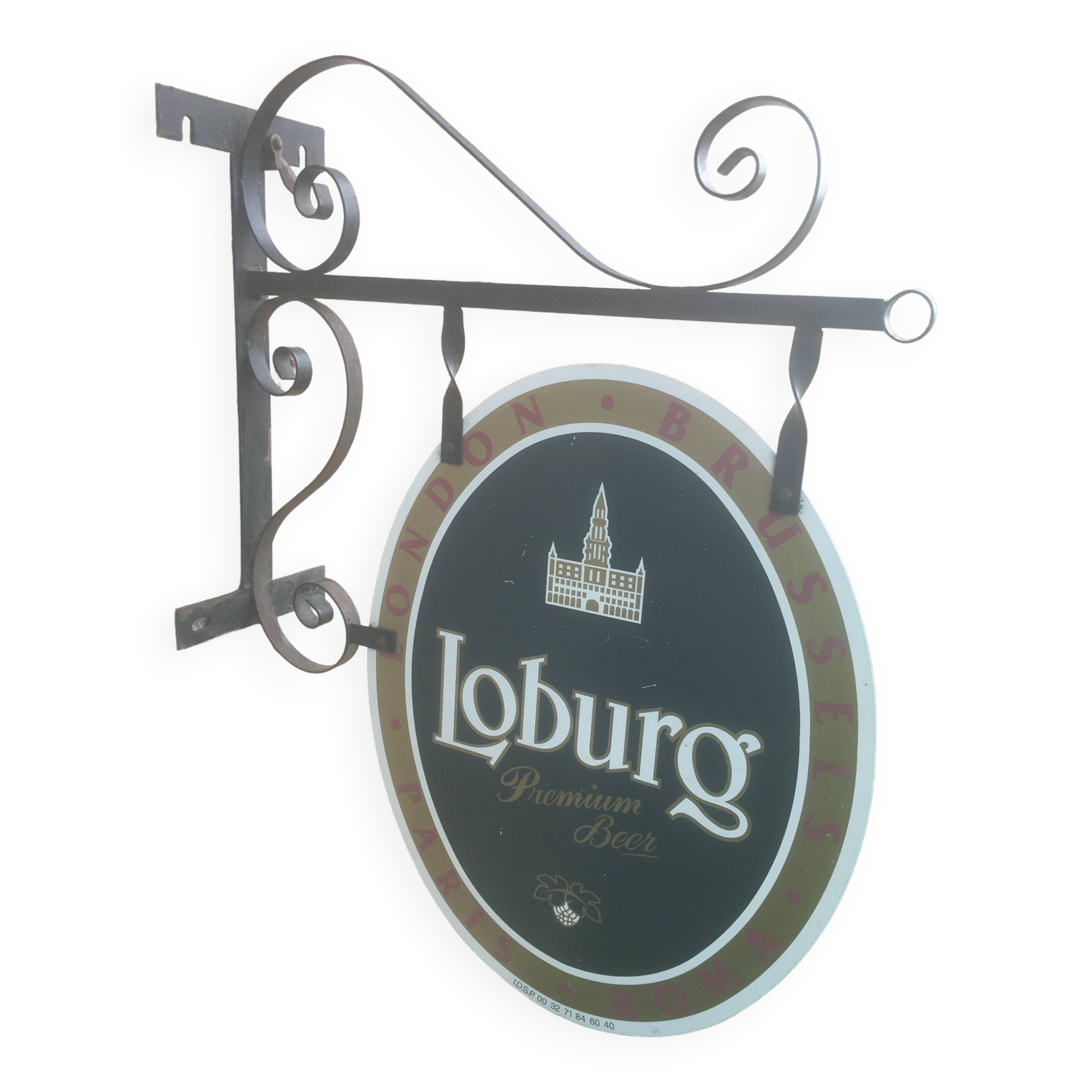 Double-sided "Loburg Beer" metal sign on wrought iron bracket