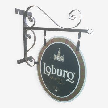 Double-sided "Loburg Beer" metal sign on wrought iron bracket