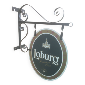 Double-sided "Loburg Beer" metal sign on wrought iron bracket
