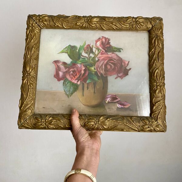 Pastel ancien bouquet de fleurs encadré art nouveau
