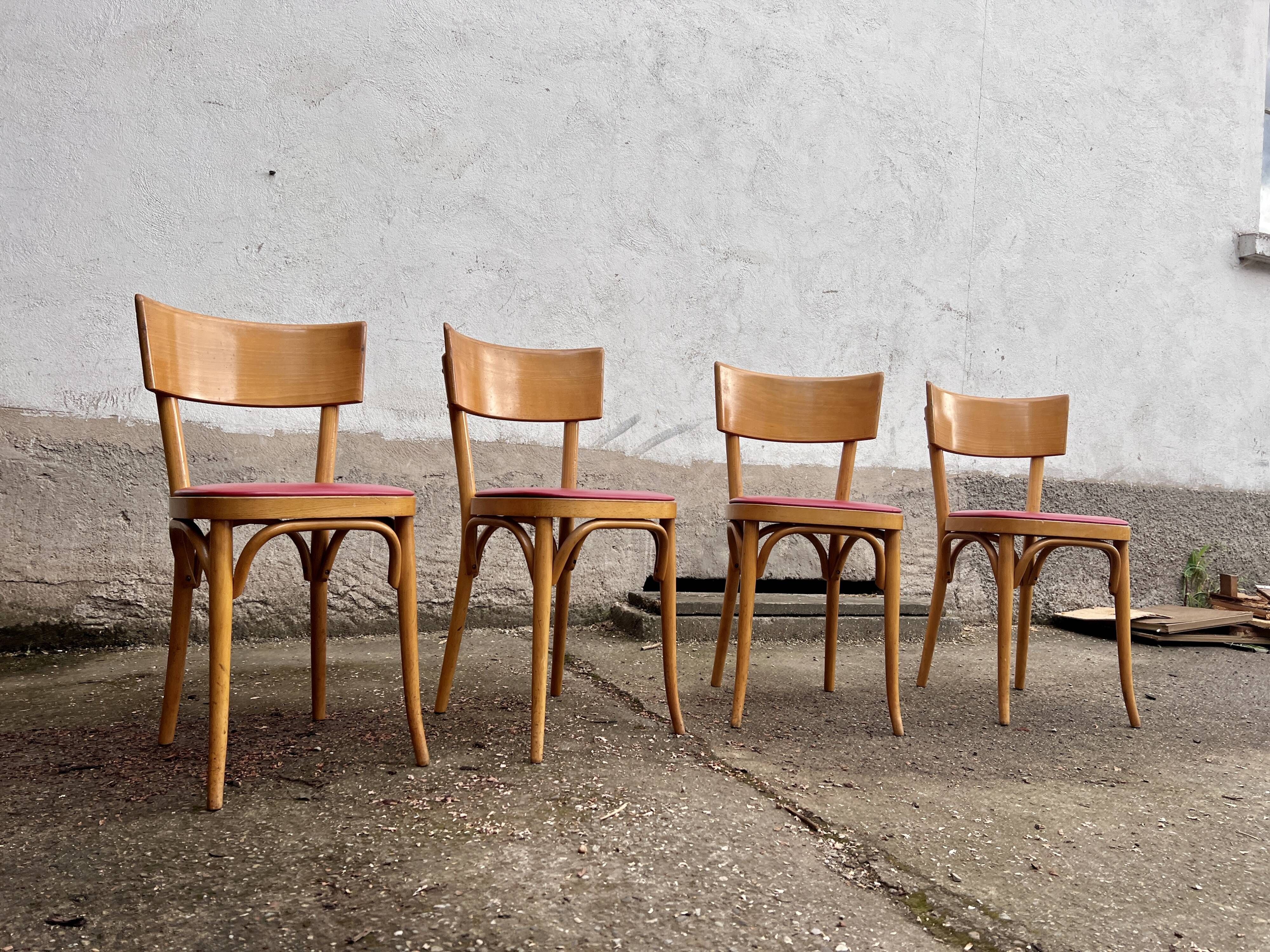 Lot of 4 baumann chairs bistrot parisian barter beech wood and red skaï
