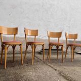 Lot of 4 baumann chairs bistrot parisian barter beech wood and red skaï
