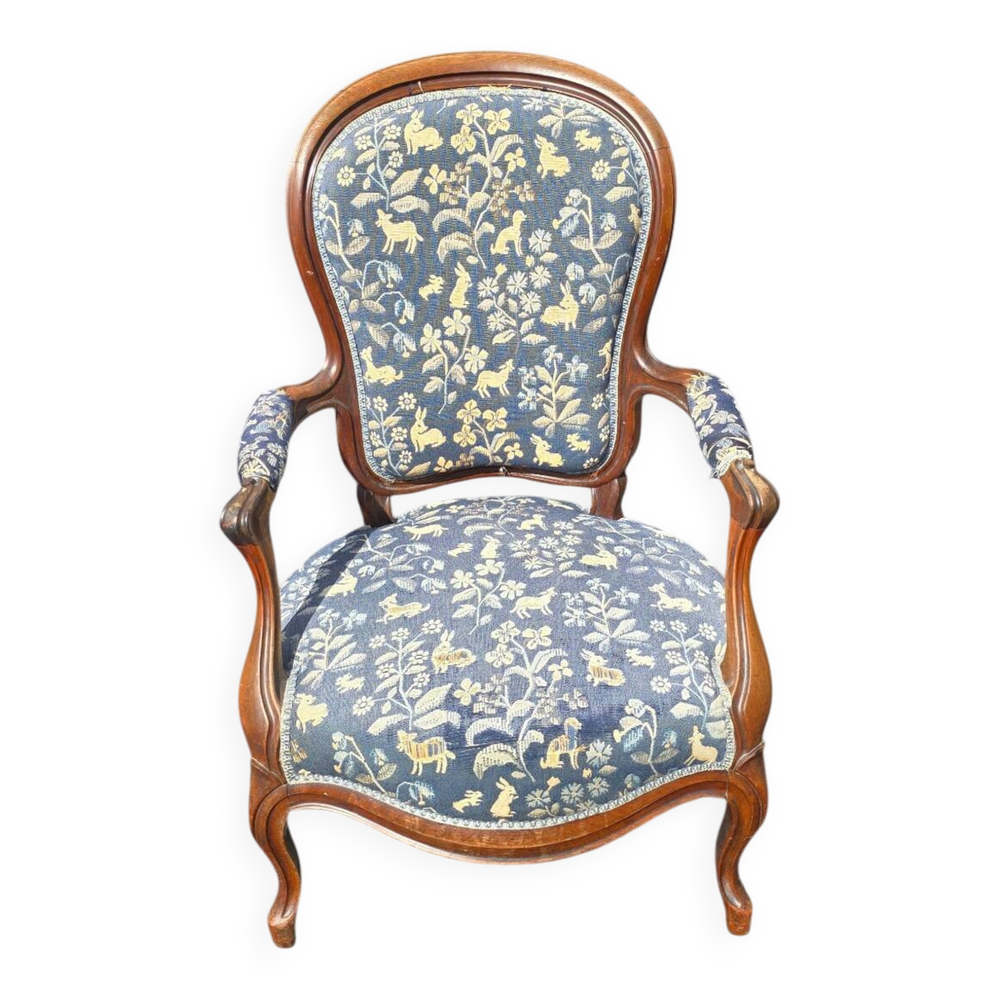 Louis XV cabriolet armchair in wood and animal print blue fabric