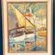 Huile sur panneau d'origine suédoise – « Motif de port » – Vintage et encadré sous verre