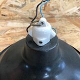 Ancienne suspension atelier métal émaillé bleu & blanc douille céramique vintage