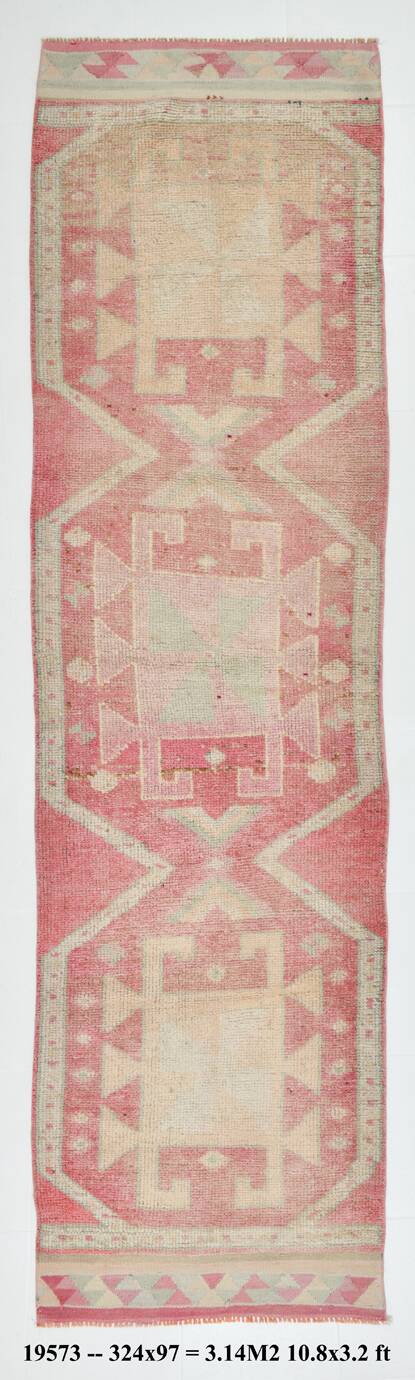 3x10 Soft Pink Turkish Vintage Runner Rug, 97x324Cm