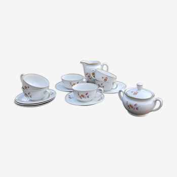 Service à café porcelaine fine, motif floral orange/jaune, années 50, MZ Czechoslovakia