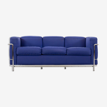 Cassina LC2 3seat Sofa by Charlotte Perriand, Le Corbusier and Pierre Jeanneret in blue fabrics
