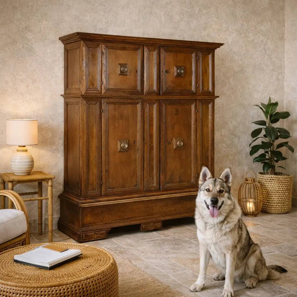 Antique double-bodied buffet, early 17th century, walnut doors.