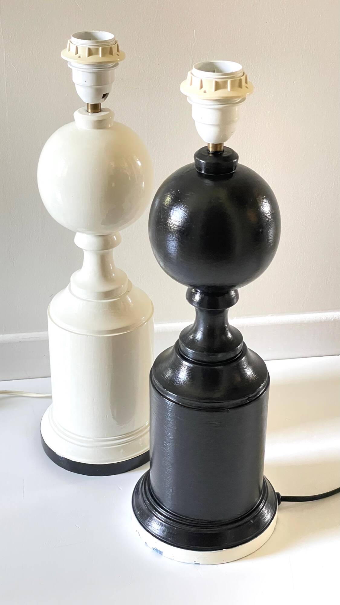 2 Vintage Black and White Turned Wood Lamp Bases
