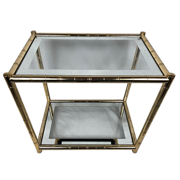Table basse métal doré, deux plateaux vitrés Maison Lancel
