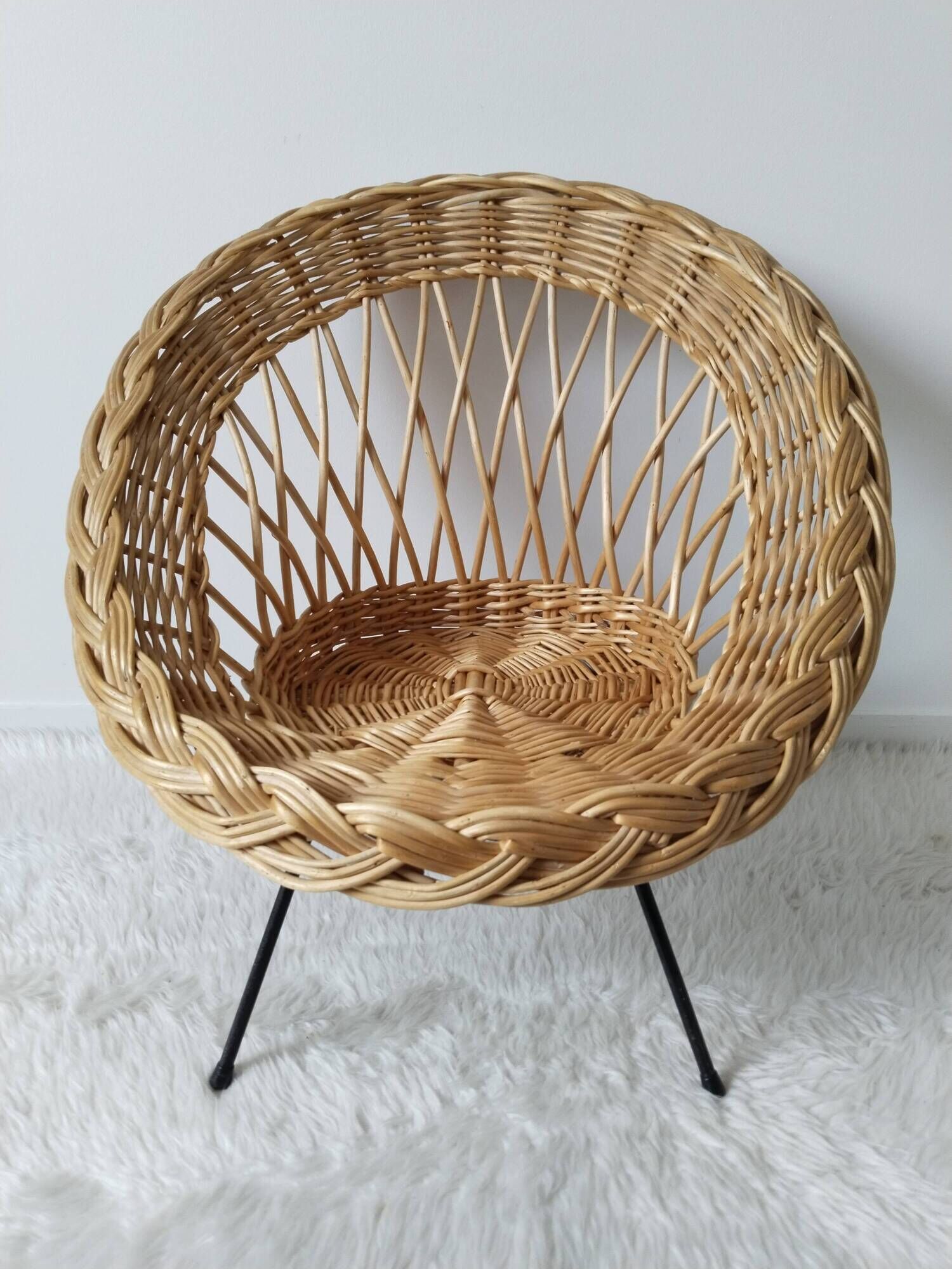 Children's rattan basket armchair, metal compass legs (n2)