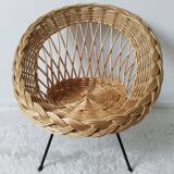 Fauteuil corbeille enfant en rotin, pieds compas métal ( n2)