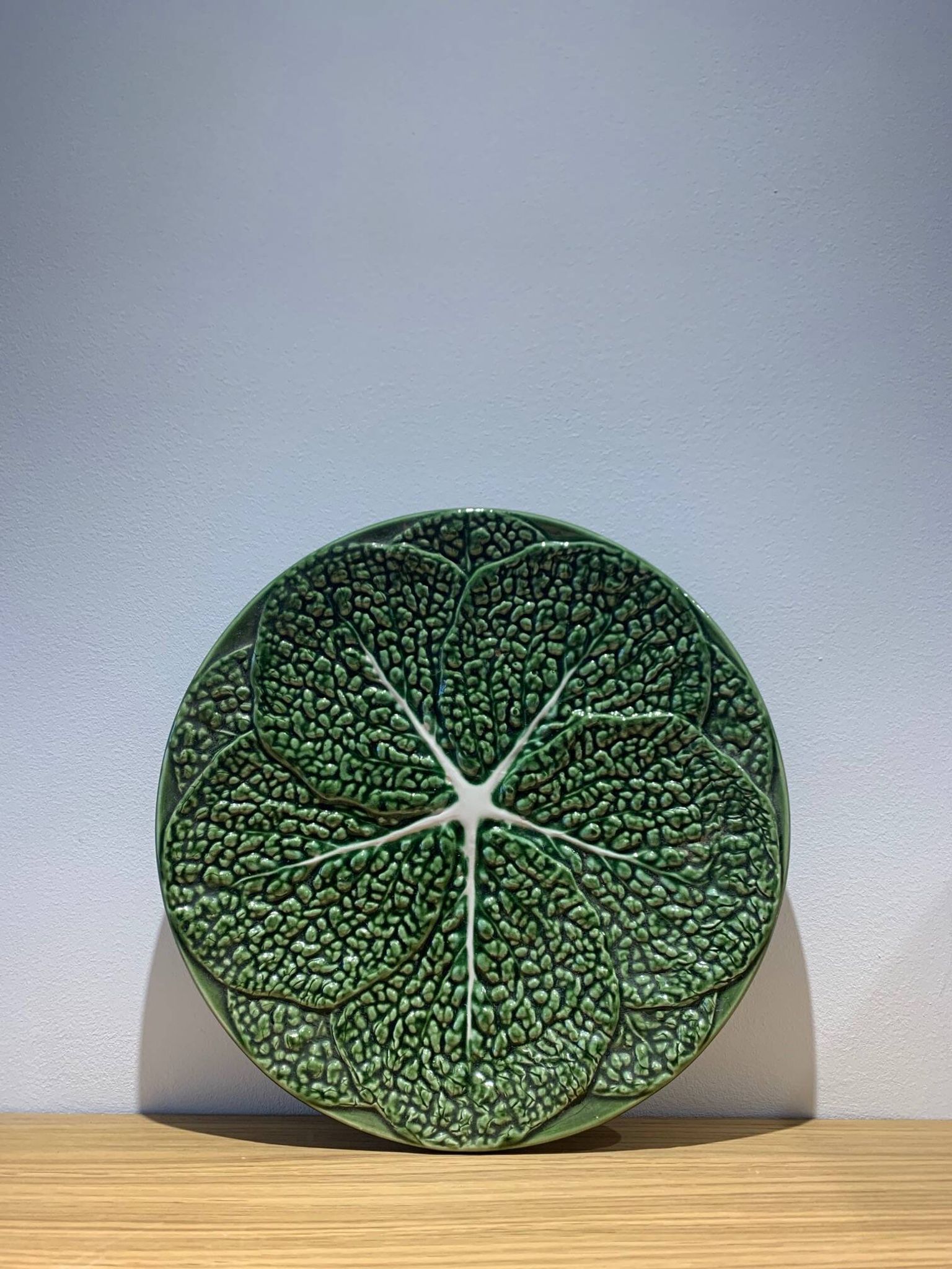 Vintage barbotine dish in the shape of a green cabbage leaf, Portugal