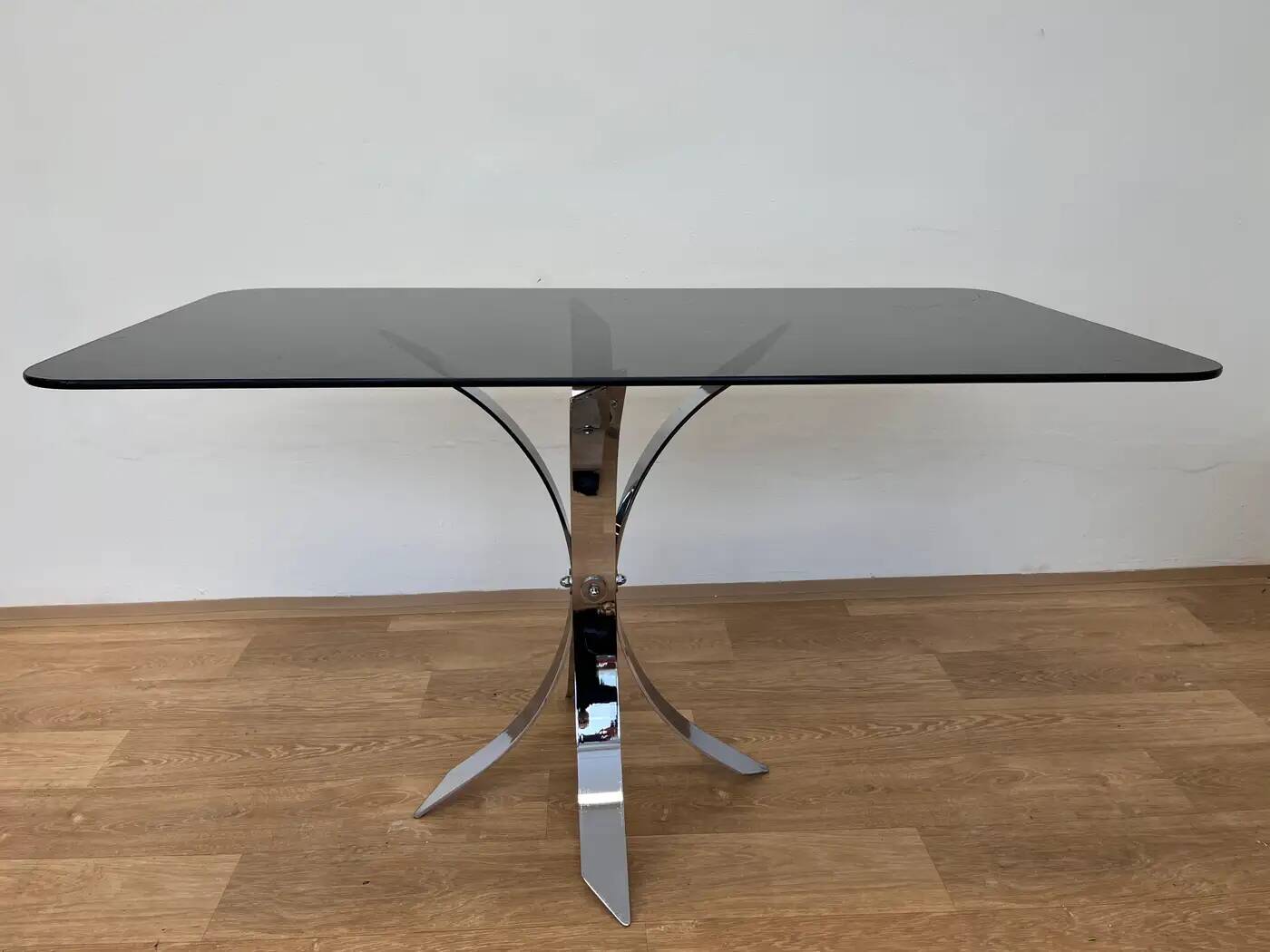 1970s Mid-century steel chrome and smoked glass dining table