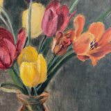 Tableau peinture ancienne huile sur panneau bouquet de fleurs tulipes
