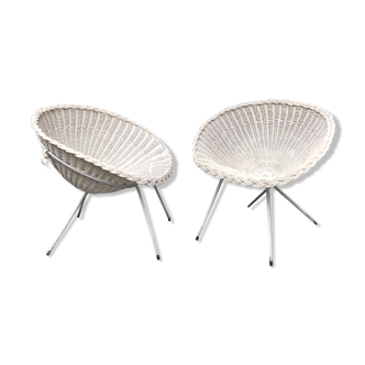Pair of vintage white rattan armchairs