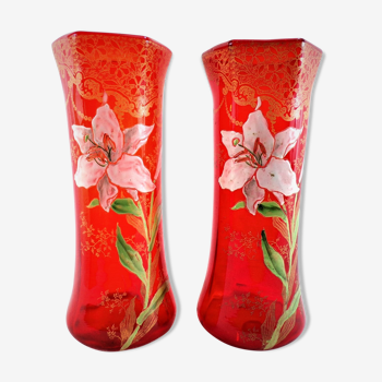 Pair of ruby red Legras enamelled vases